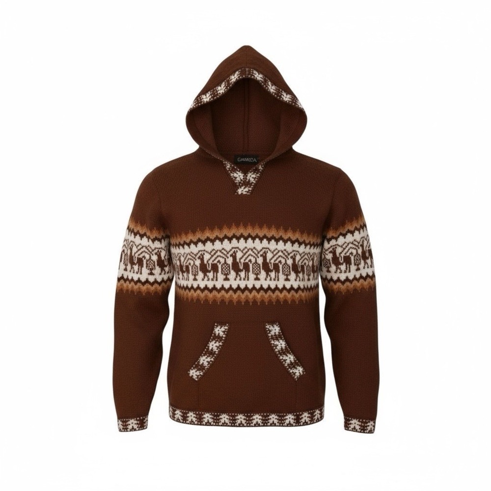 Gamboa Alpaca Wool Hooded V Neck Jumper Sweater Women's L Brown